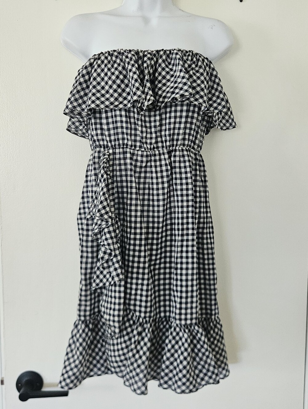 J Crew Dress S Strapless Ruffle Gingham Plaid Western Country Prairie Cottage